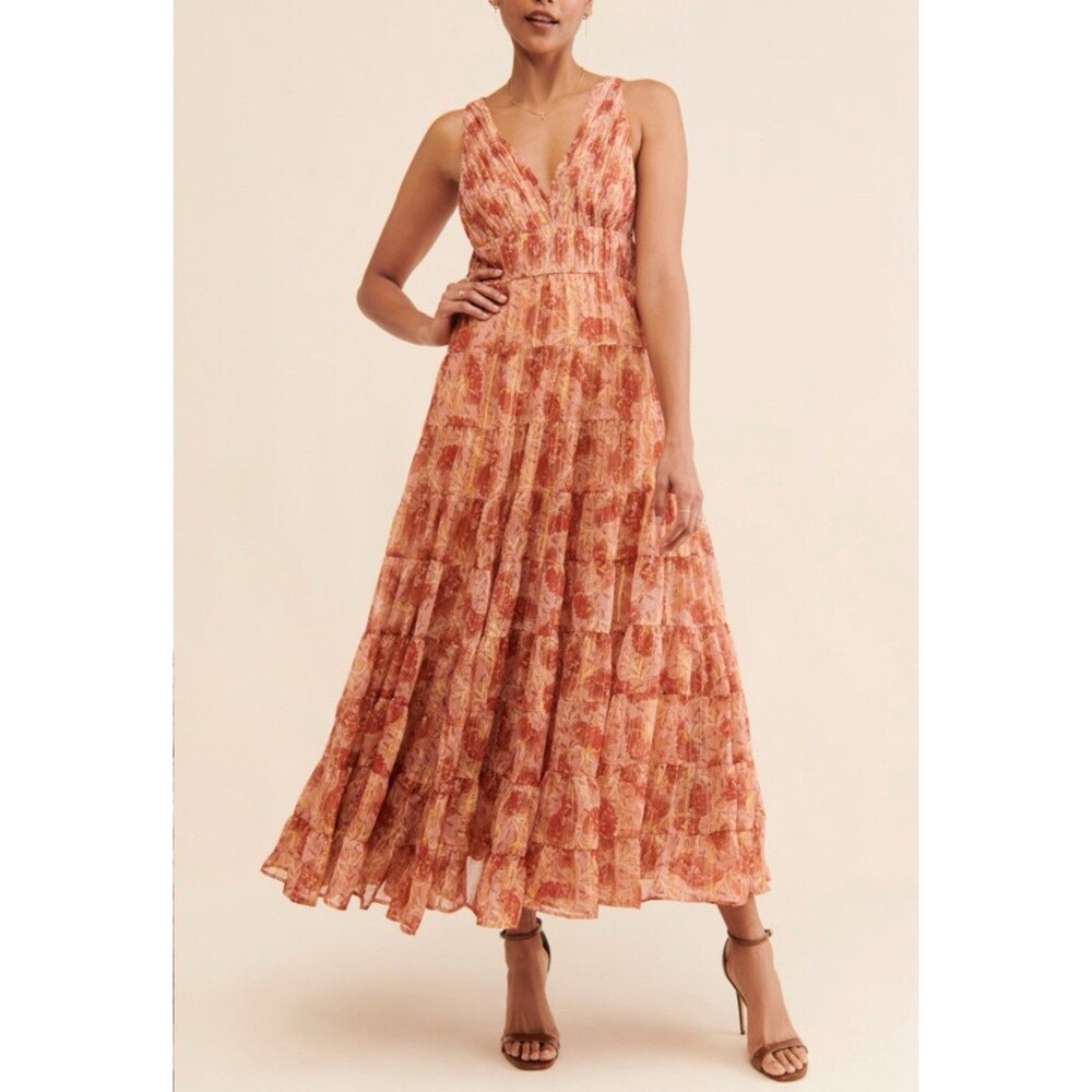 Anthropologie Coral Pink Floral Tiered Midi Dress